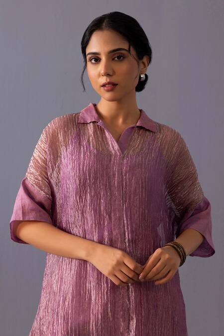 Shop_Label Shreya Sharma_Pink Tissue Collared Rohini Kurta With Pant _Online_at_Aza_Fashions