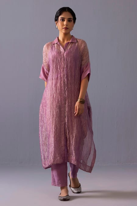 Buy_Label Shreya Sharma_Pink Tissue Collared Rohini Kurta With Pant 