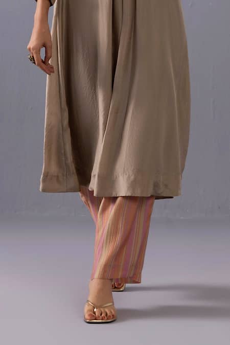 Label Shreya Sharma_Gray Silk, Cotton Round Neck Maya Pintuck Kurta And Pant Set _Online_at_Aza_Fashions