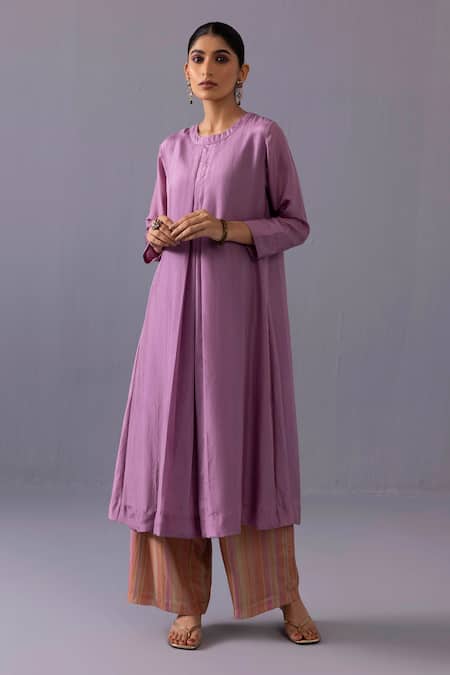 Buy_Label Shreya Sharma_Purple Silk, Cotton Round Neck Maya Pintuck Straight Kurta And Pant Set _Online_at_Aza_Fashions