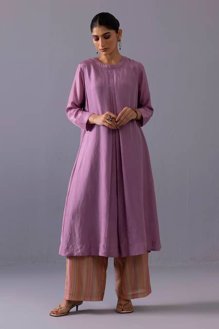 Shop_Label Shreya Sharma_Purple Silk, Cotton Round Neck Maya Pintuck Straight Kurta And Pant Set _Online_at_Aza_Fashions