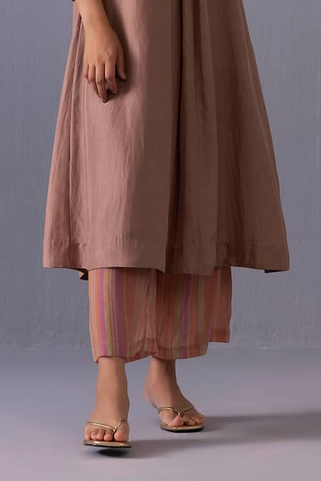 Label Shreya Sharma_Brown Cotton, Silk Round Neck Maya Pintuck Straight Kurta With Pant _Online_at_Aza_Fashions