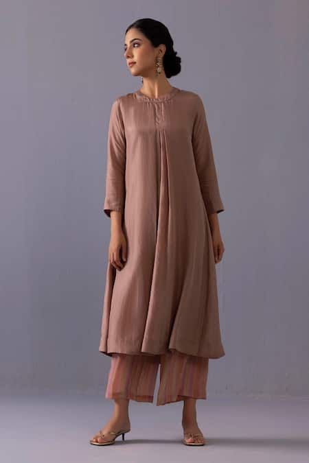 Buy_Label Shreya Sharma_Brown Cotton, Silk Round Neck Maya Pintuck Straight Kurta With Pant _Online_at_Aza_Fashions