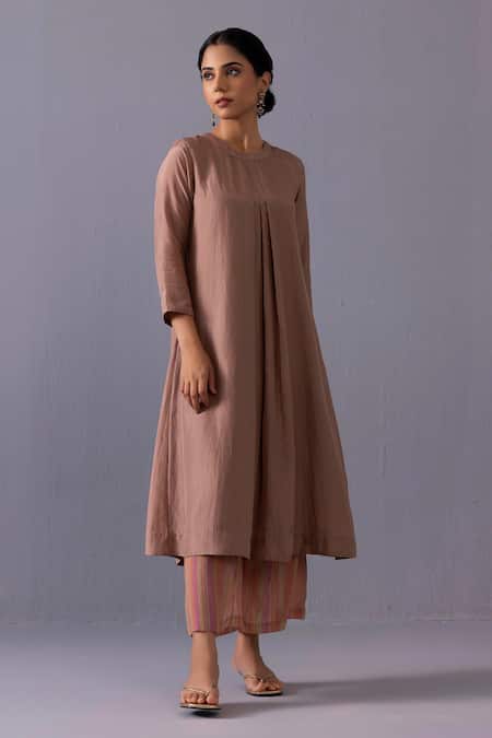 Shop_Label Shreya Sharma_Brown Cotton, Silk Round Neck Maya Pintuck Straight Kurta With Pant _Online_at_Aza_Fashions