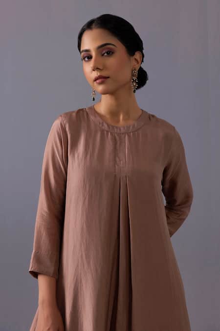 Label Shreya Sharma_Brown Cotton, Silk Round Neck Maya Pintuck Straight Kurta With Pant _at_Aza_Fashions