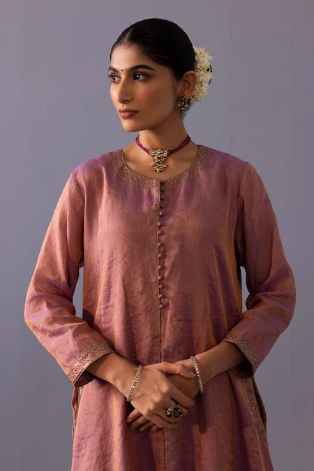 Buy_Label Shreya Sharma_Pink Tissue, Chanderi Embroidery Round Neck Rashmi Kurta With Pant _Online_at_Aza_Fashions