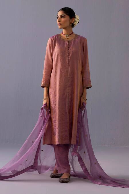 Shop_Label Shreya Sharma_Pink Tissue, Chanderi Embroidery Round Neck Rashmi Kurta With Pant _Online_at_Aza_Fashions