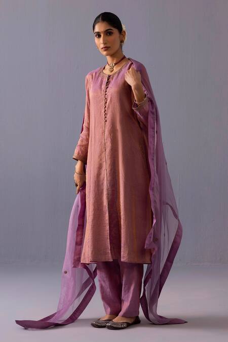 Label Shreya Sharma_Pink Tissue, Chanderi Embroidery Round Neck Rashmi Kurta With Pant _at_Aza_Fashions