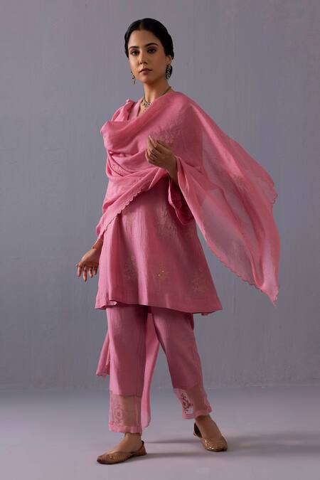 Shop_Label Shreya Sharma_Pink Chanderi Embroidery V-neck Aditi Kurta And Pant Set _Online_at_Aza_Fashions