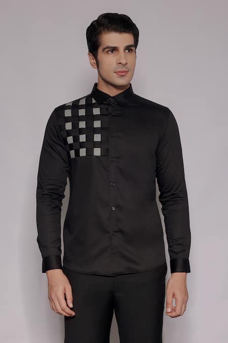 Lacquer Embassy Black Cotton Satin Stanton Houndstooth Pattern Shirt 