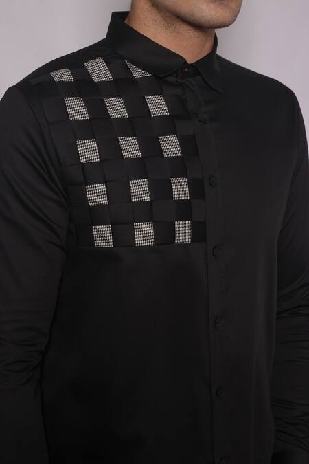 Lacquer Embassy_Black Cotton Satin Stanton Houndstooth Pattern Shirt _Online_at_Aza_Fashions