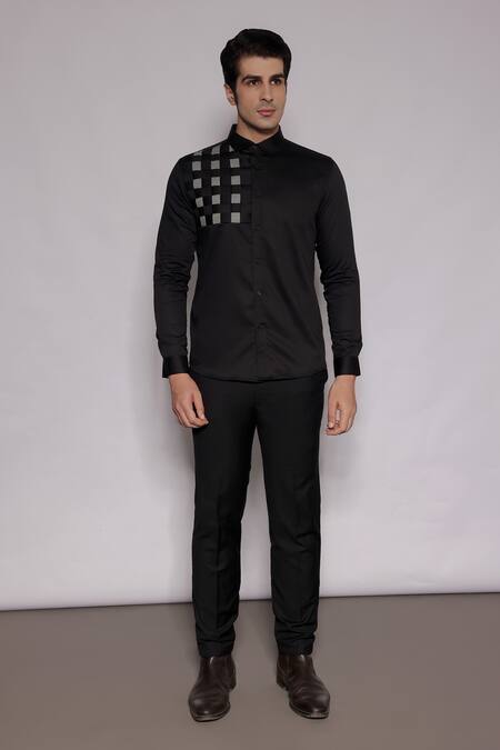 Buy_Lacquer Embassy_Black Cotton Satin Stanton Houndstooth Pattern Shirt _Online_at_Aza_Fashions