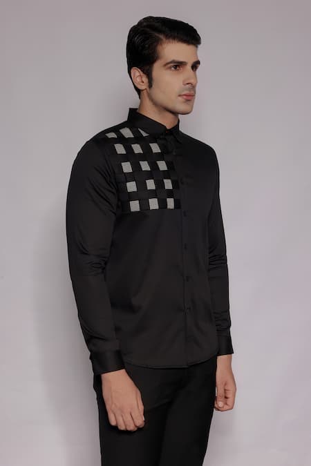 Shop_Lacquer Embassy_Black Cotton Satin Stanton Houndstooth Pattern Shirt _Online_at_Aza_Fashions