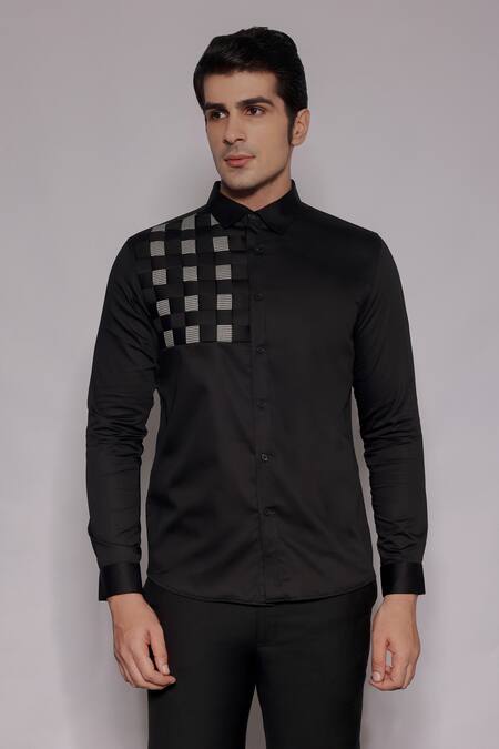 Lacquer Embassy_Black Cotton Satin Stanton Houndstooth Pattern Shirt _at_Aza_Fashions