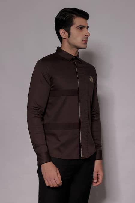 Lacquer Embassy_Brown Cotton Satin Piping, Embroidery Somertone Pintuck Shirt _Online_at_Aza_Fashions