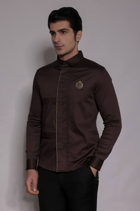 Buy_Lacquer Embassy_Brown Cotton Satin Piping, Embroidery Somertone Pintuck Shirt _Online_at_Aza_Fashions