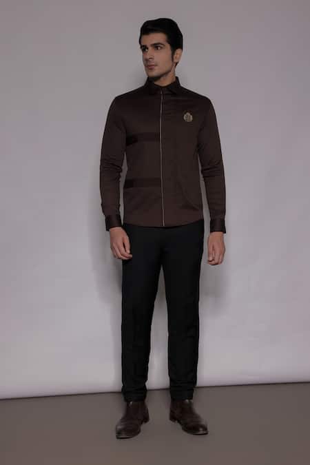 Shop_Lacquer Embassy_Brown Cotton Satin Piping, Embroidery Somertone Pintuck Shirt _Online_at_Aza_Fashions