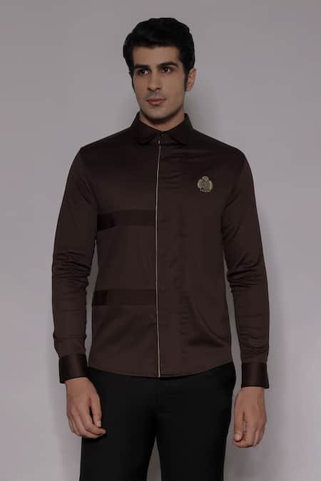 Lacquer Embassy Brown Cotton Satin Piping Somertone Pintuck Shirt 