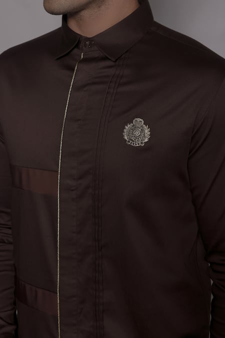 Lacquer Embassy_Brown Cotton Satin Piping, Embroidery Somertone Pintuck Shirt _at_Aza_Fashions