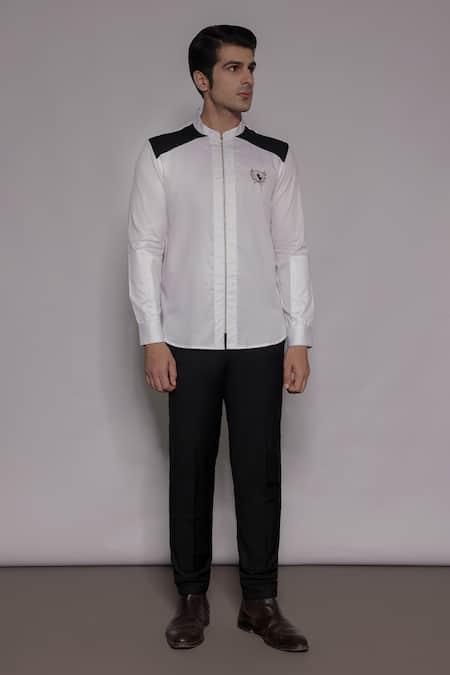 Lacquer Embassy_White Cotton Satin Embroidery Beckbord Placement Shirt _Online_at_Aza_Fashions