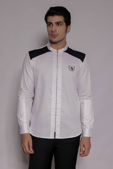 Lacquer Embassy White Cotton Satin Embroidery Beckbord Placement Shirt 