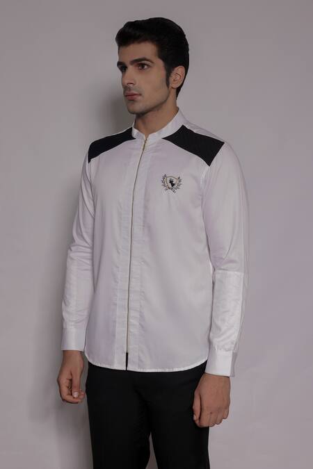Buy_Lacquer Embassy_White Cotton Satin Embroidery Beckbord Placement Shirt _Online_at_Aza_Fashions
