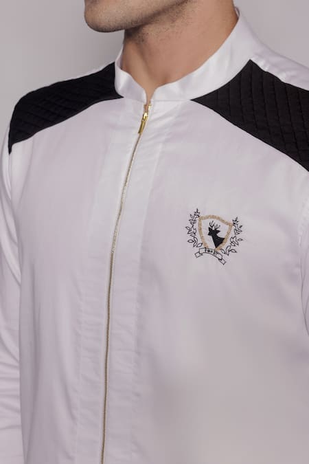 Lacquer Embassy_White Cotton Satin Embroidery Beckbord Placement Shirt _at_Aza_Fashions