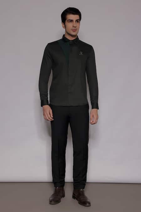 Lacquer Embassy_Green Cotton Satin Embroidery Ashbury Crest Placement Shirt _Online_at_Aza_Fashions