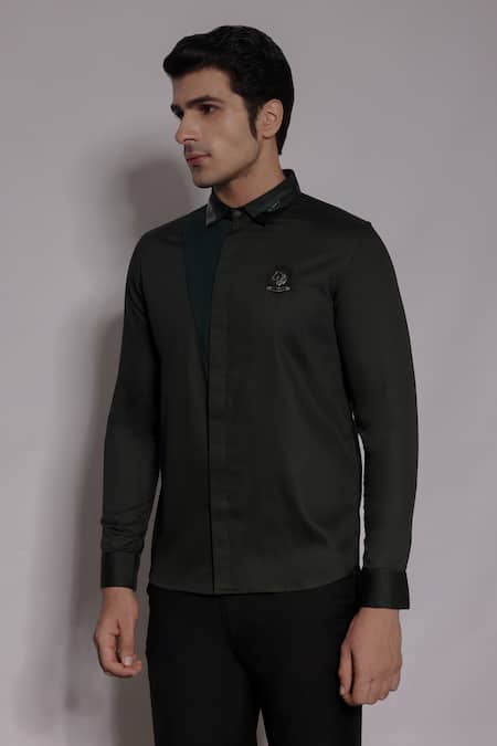 Buy_Lacquer Embassy_Green Cotton Satin Embroidery Ashbury Crest Placement Shirt _Online_at_Aza_Fashions