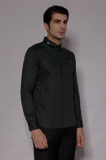 Shop_Lacquer Embassy_Green Cotton Satin Embroidery Ashbury Crest Placement Shirt _Online_at_Aza_Fashions