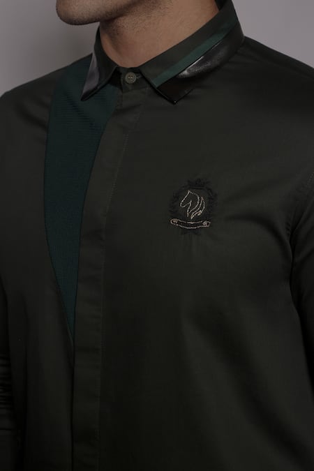 Lacquer Embassy_Green Cotton Satin Embroidery Ashbury Crest Placement Shirt _at_Aza_Fashions