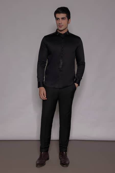 Lacquer Embassy_Black Cotton Satin Studs Fenton Tape Embellished Shirt _Online_at_Aza_Fashions