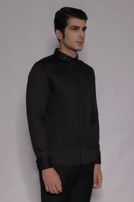 Buy_Lacquer Embassy_Black Cotton Satin Studs Fenton Tape Embellished Shirt _Online_at_Aza_Fashions