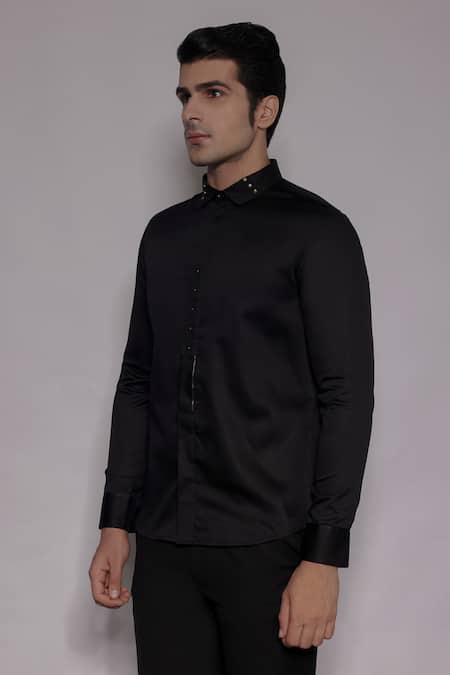 Shop_Lacquer Embassy_Black Cotton Satin Studs Fenton Tape Embellished Shirt _Online_at_Aza_Fashions