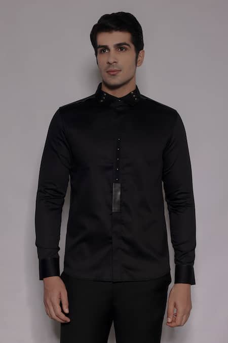 Lacquer Embassy Black Cotton Satin Studs, Metallic Thread Fenton Tape Embellished Shirt 