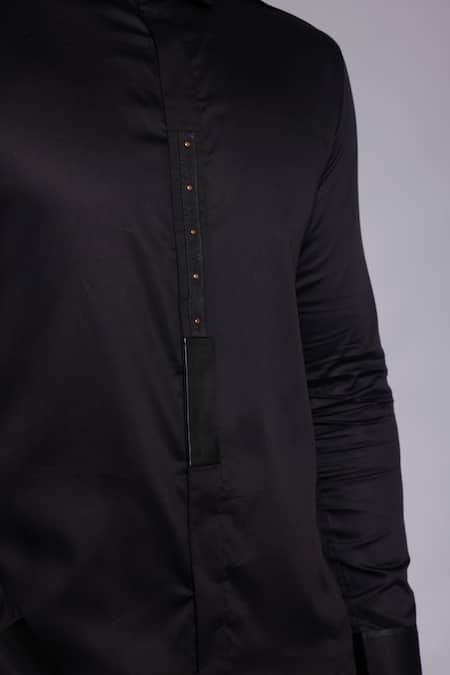 Lacquer Embassy_Black Cotton Satin Studs Fenton Tape Embellished Shirt _at_Aza_Fashions
