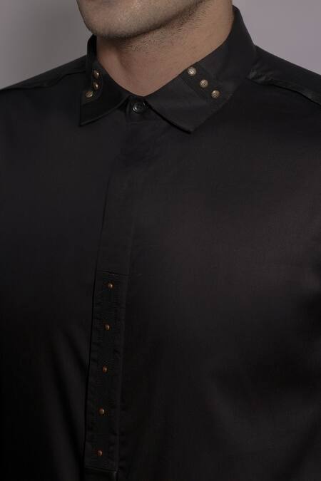 Buy_Lacquer Embassy_Black Cotton Satin Studs Fenton Tape Embellished Shirt 