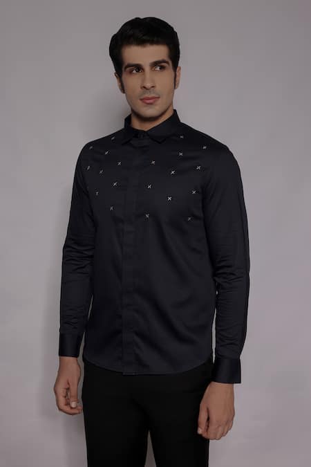 Lacquer Embassy Navy Cotton Satin Embroidery, Zari Elmsley Shirt 