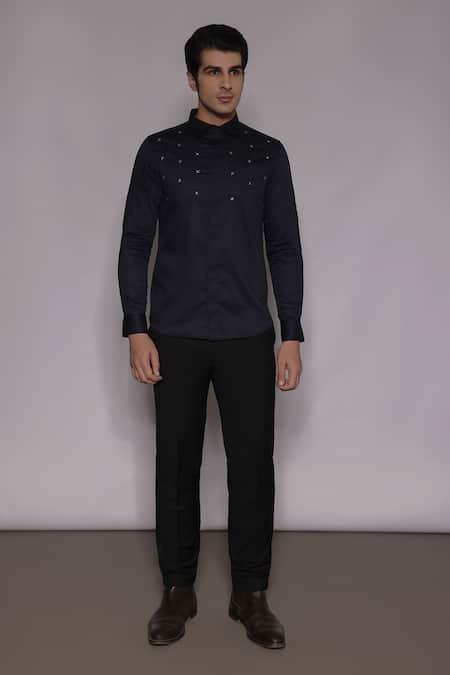 Lacquer Embassy_Navy Cotton Satin Embroidery, Zari Elmsley Shirt _Online_at_Aza_Fashions