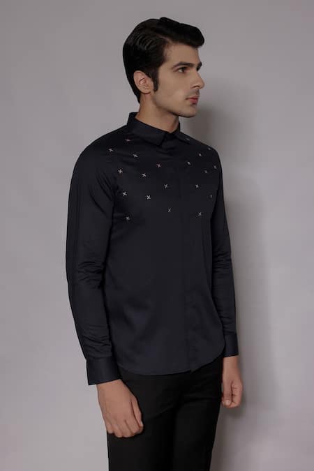 Buy_Lacquer Embassy_Navy Cotton Satin Embroidery, Zari Elmsley Shirt _Online_at_Aza_Fashions