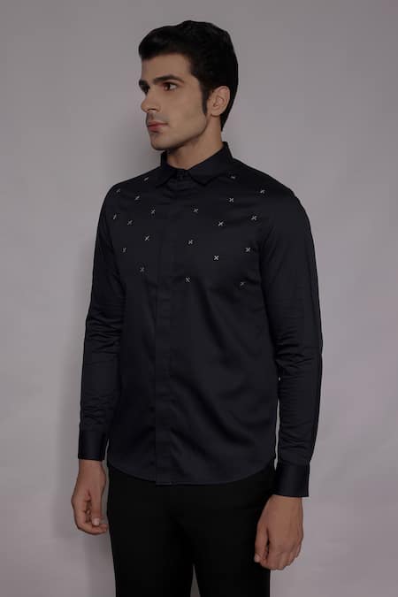 Shop_Lacquer Embassy_Navy Cotton Satin Embroidery, Zari Elmsley Shirt _Online_at_Aza_Fashions