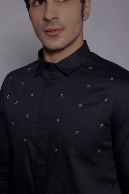 Lacquer Embassy_Navy Cotton Satin Embroidery, Zari Elmsley Shirt _at_Aza_Fashions