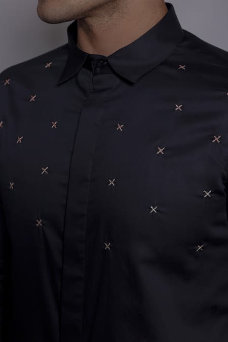 Buy_Lacquer Embassy_Navy Cotton Satin Embroidery, Zari Elmsley Shirt 