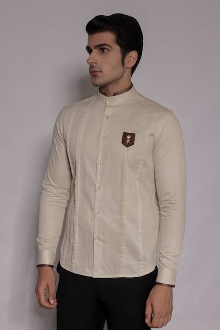 Shop_Lacquer Embassy_Off White Cotton Satin Embroidery, Zari Marwood Crest Placement Shirt _Online_at_Aza_Fashions