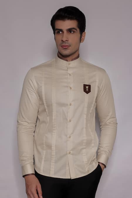 Lacquer Embassy Off White Cotton Satin Embroidery, Zari Marwood Crest Placement Shirt 