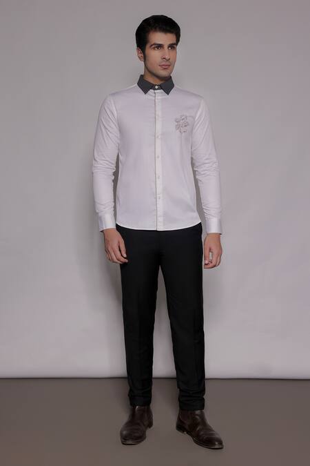 Lacquer Embassy_White Cotton Satin Embroidery, Zari, Piping Rosendahl Placement Shirt _Online_at_Aza_Fashions