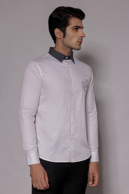 Buy_Lacquer Embassy_White Cotton Satin Embroidery, Zari, Piping Rosendahl Placement Shirt _Online_at_Aza_Fashions