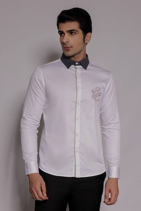 Lacquer Embassy White Cotton Satin Embroidery, Zari Rosendahl Placement Shirt 