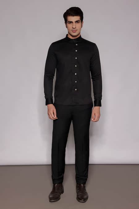 Lacquer Embassy_Black Cotton Satin Embroidery, Zari Soreil Hand Shirt _Online_at_Aza_Fashions