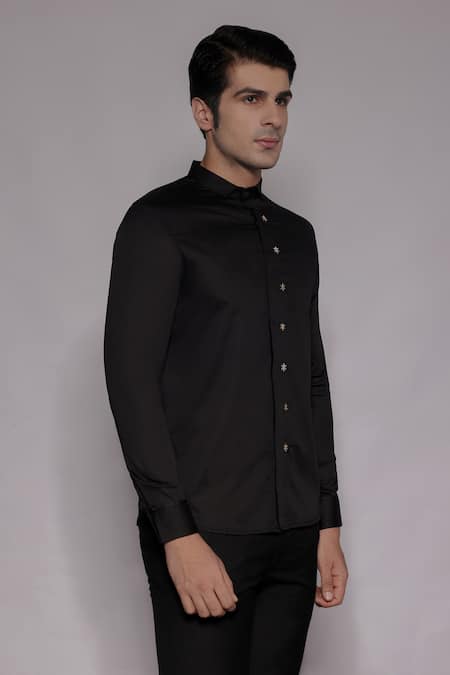 Buy_Lacquer Embassy_Black Cotton Satin Embroidery, Zari Soreil Hand Shirt _Online_at_Aza_Fashions